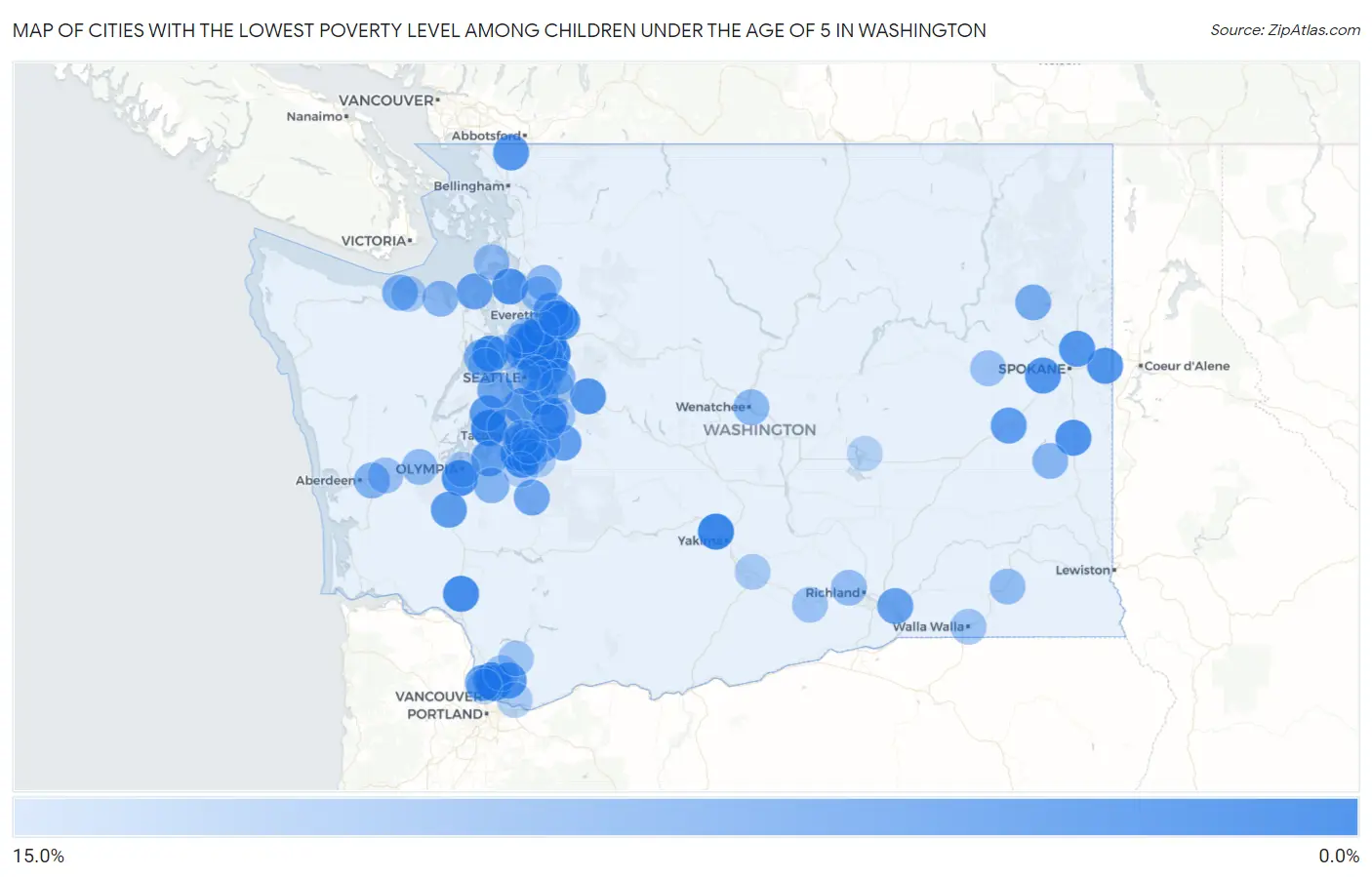 Cities with the Lowest Poverty Level Among Children Under the Age of 5 in Washington Map