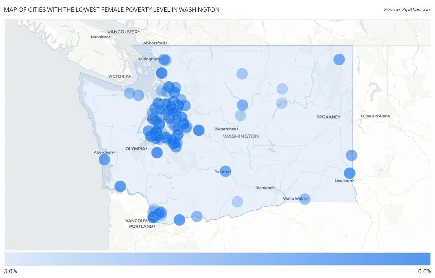 Cities with the Lowest Female Poverty Level in Washington Map