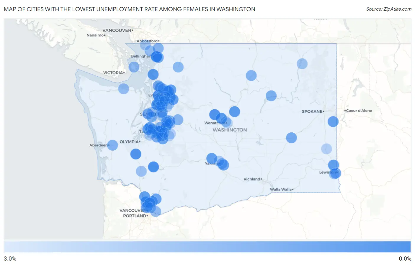 Cities with the Lowest Unemployment Rate Among Females in Washington Map