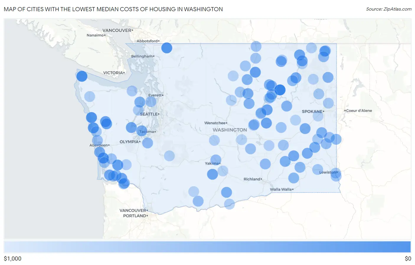 Cities with the Lowest Median Costs of Housing in Washington Map