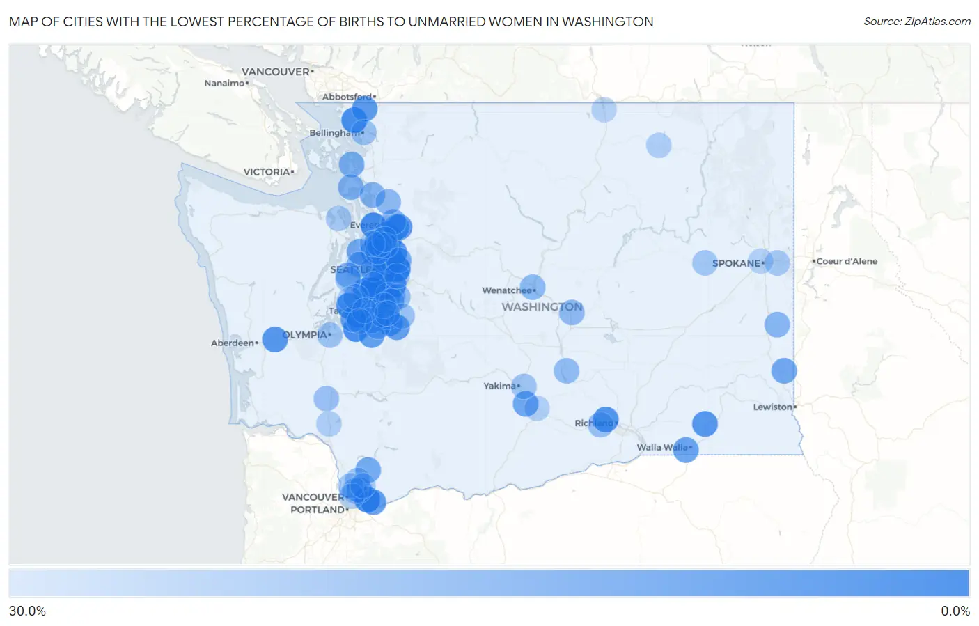 Cities with the Lowest Percentage of Births to Unmarried Women in Washington Map