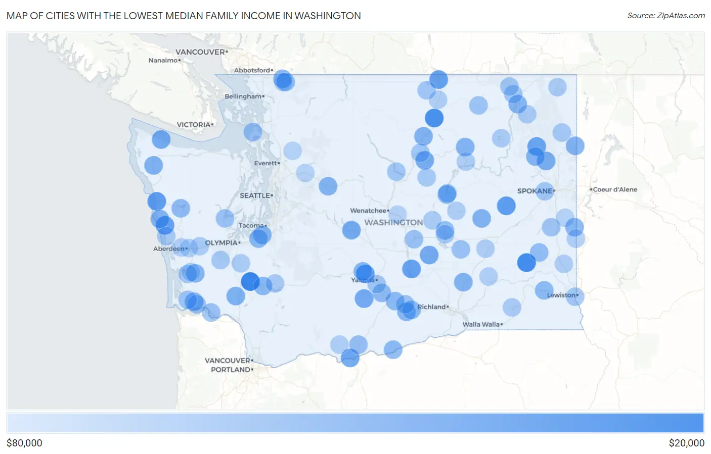 Cities with the Lowest Median Family Income in Washington Map