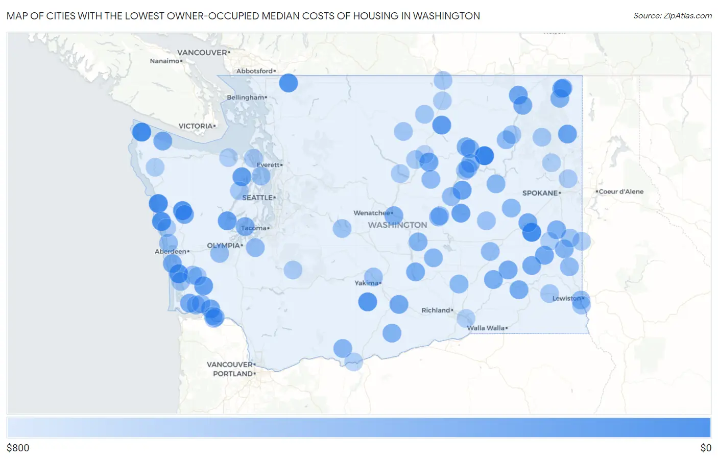 Cities with the Lowest Owner-Occupied Median Costs of Housing in Washington Map