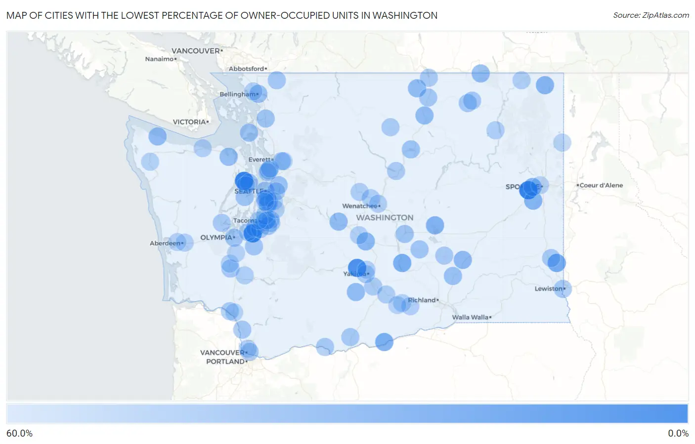 Cities with the Lowest Percentage of Owner-Occupied Units in Washington Map