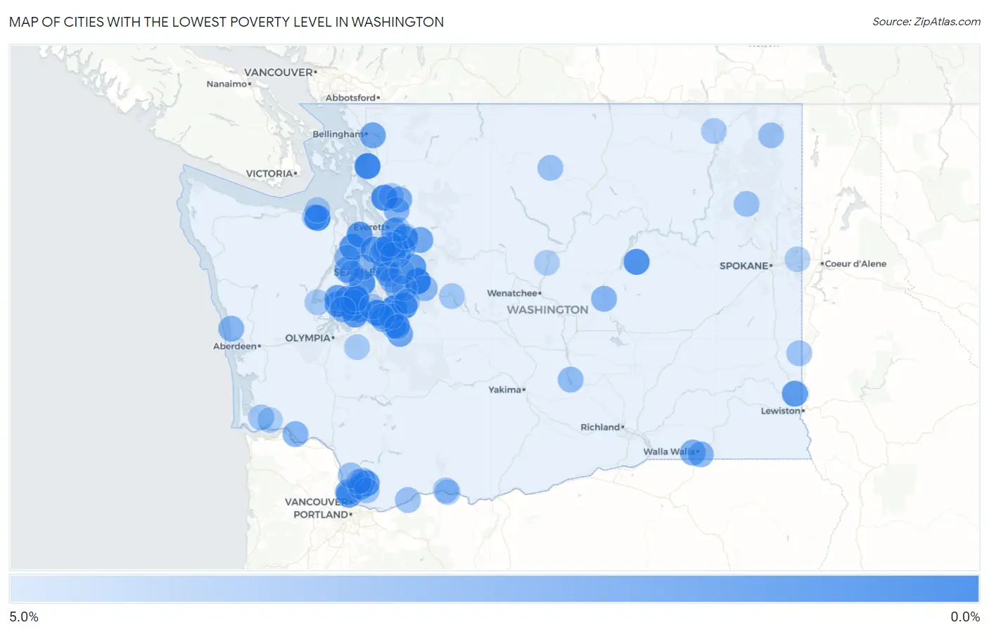 Cities with the Lowest Poverty Level in Washington Map