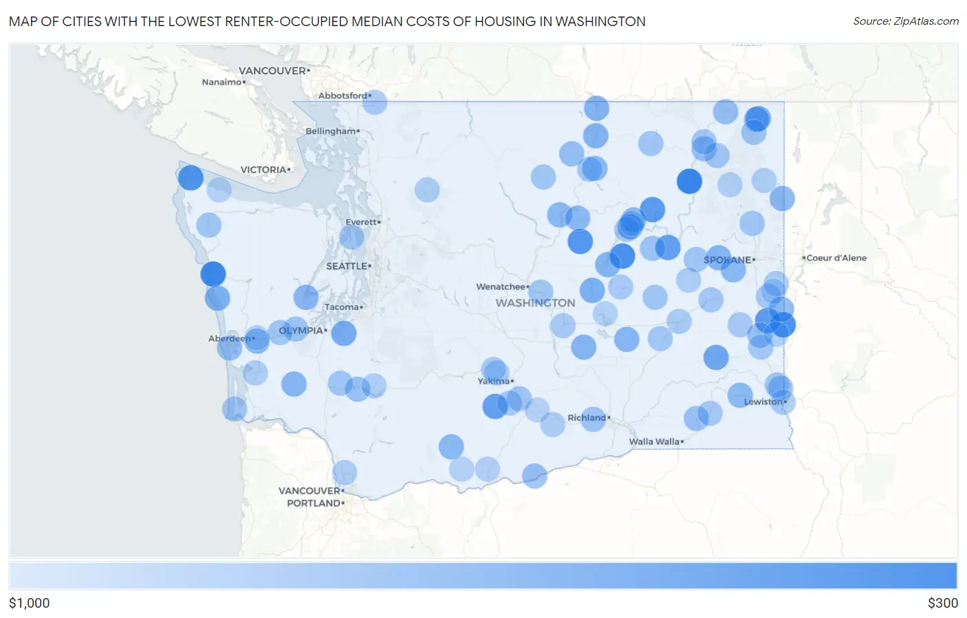 Cities with the Lowest Renter-Occupied Median Costs of Housing in Washington Map