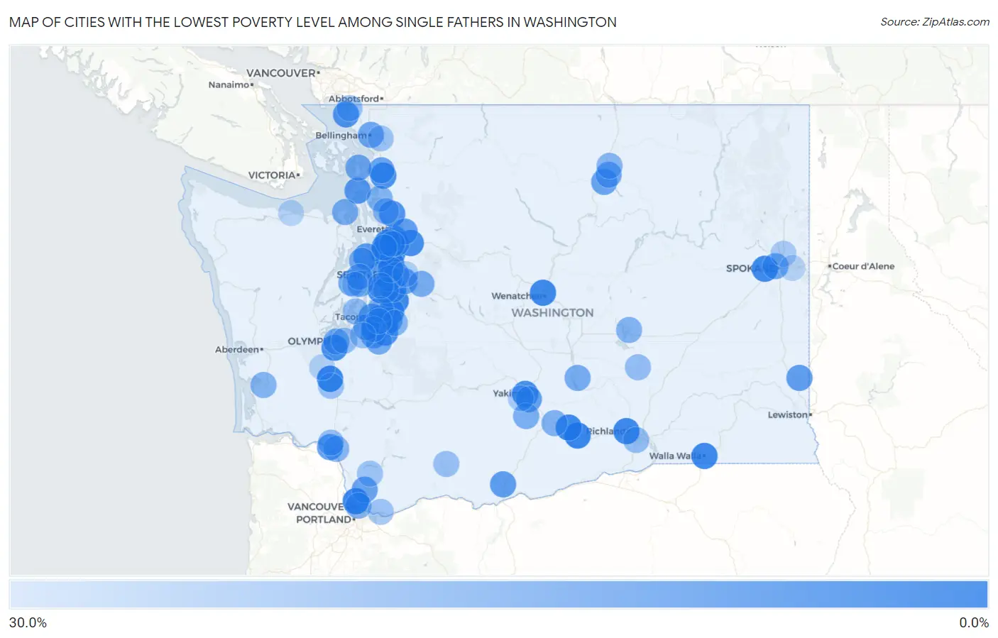 Cities with the Lowest Poverty Level Among Single Fathers in Washington Map