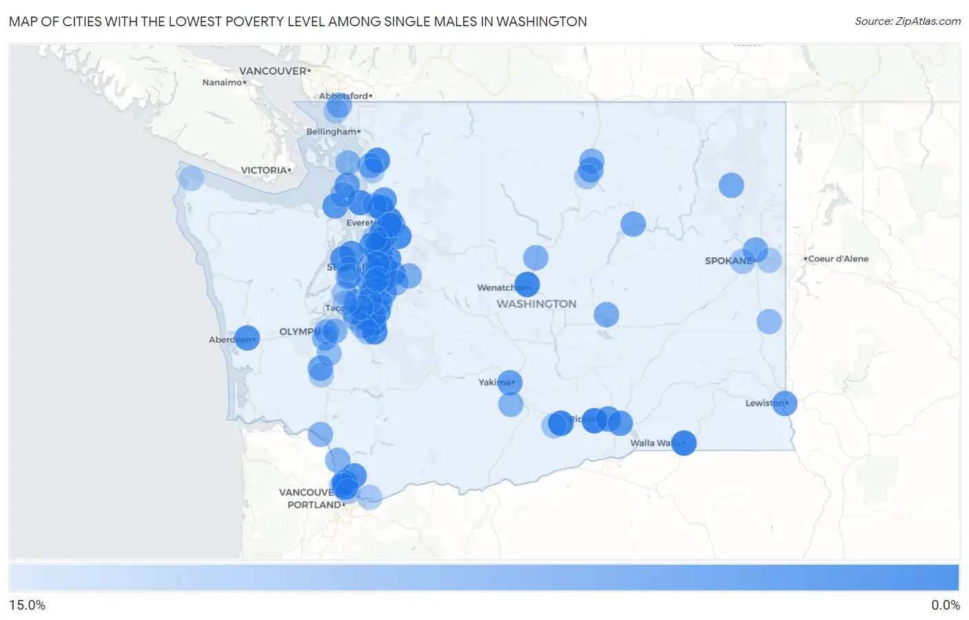 Cities with the Lowest Poverty Level Among Single Males in Washington Map