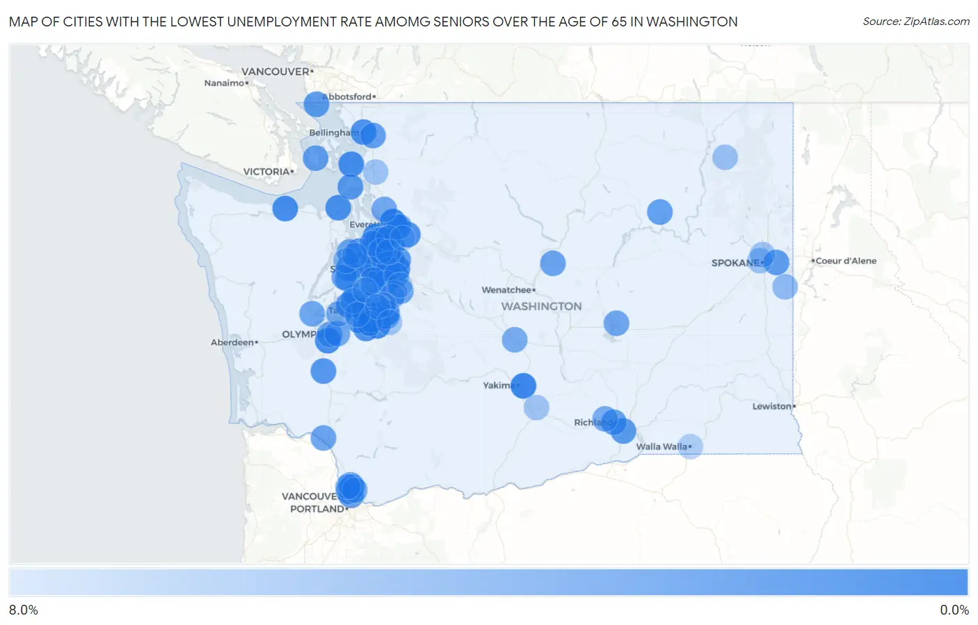 Cities with the Lowest Unemployment Rate Amomg Seniors Over the Age of 65 in Washington Map