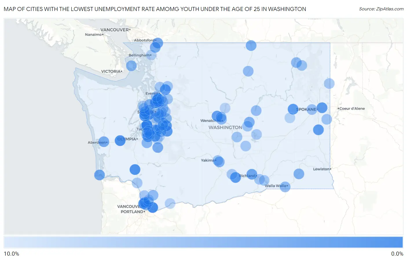 Cities with the Lowest Unemployment Rate Amomg Youth Under the Age of 25 in Washington Map