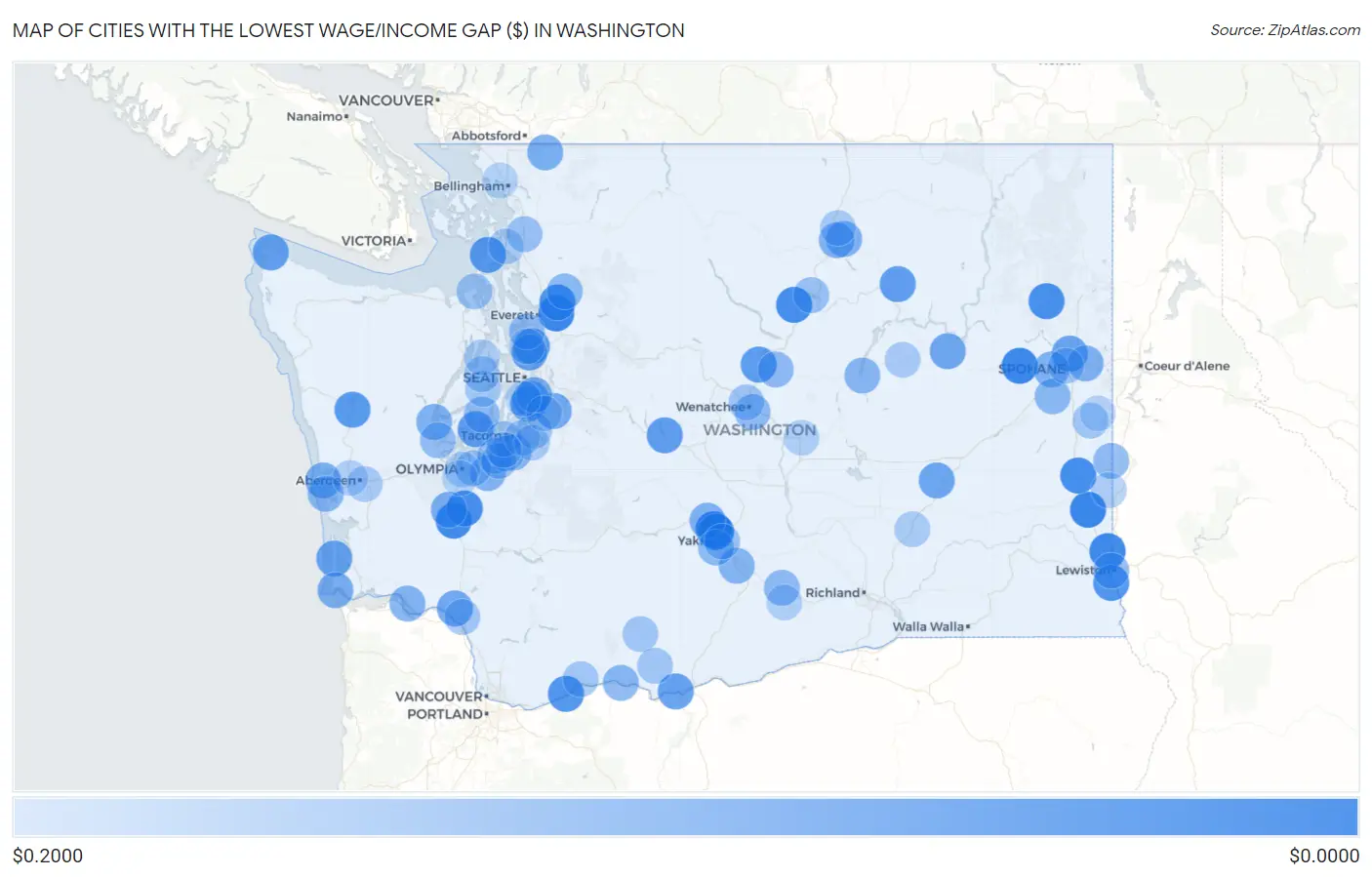 Cities with the Lowest Wage/Income Gap ($) in Washington Map