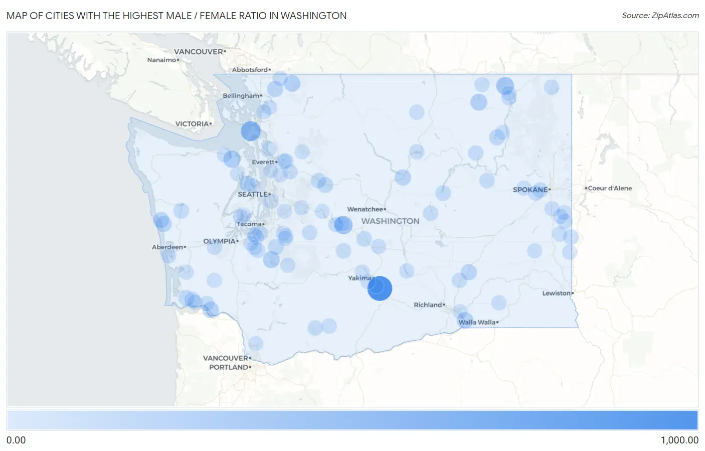 Cities with the Highest Male / Female Ratio in Washington Map