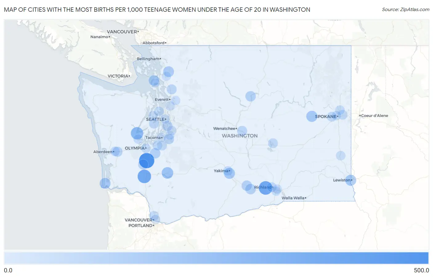 Cities with the Most Births per 1,000 Teenage Women Under the Age of 20 in Washington Map