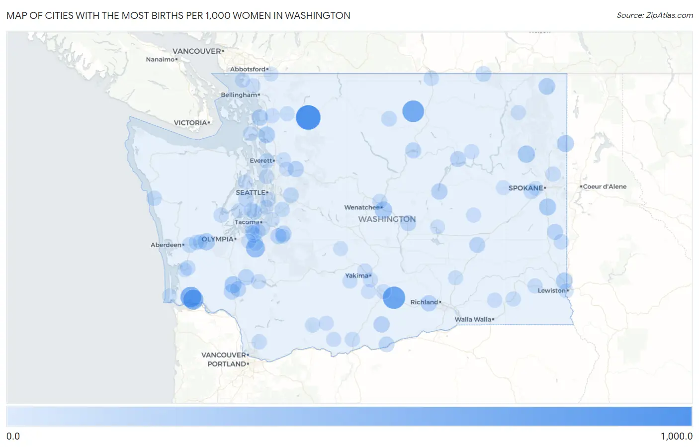 Cities with the Most Births per 1,000 Women in Washington Map