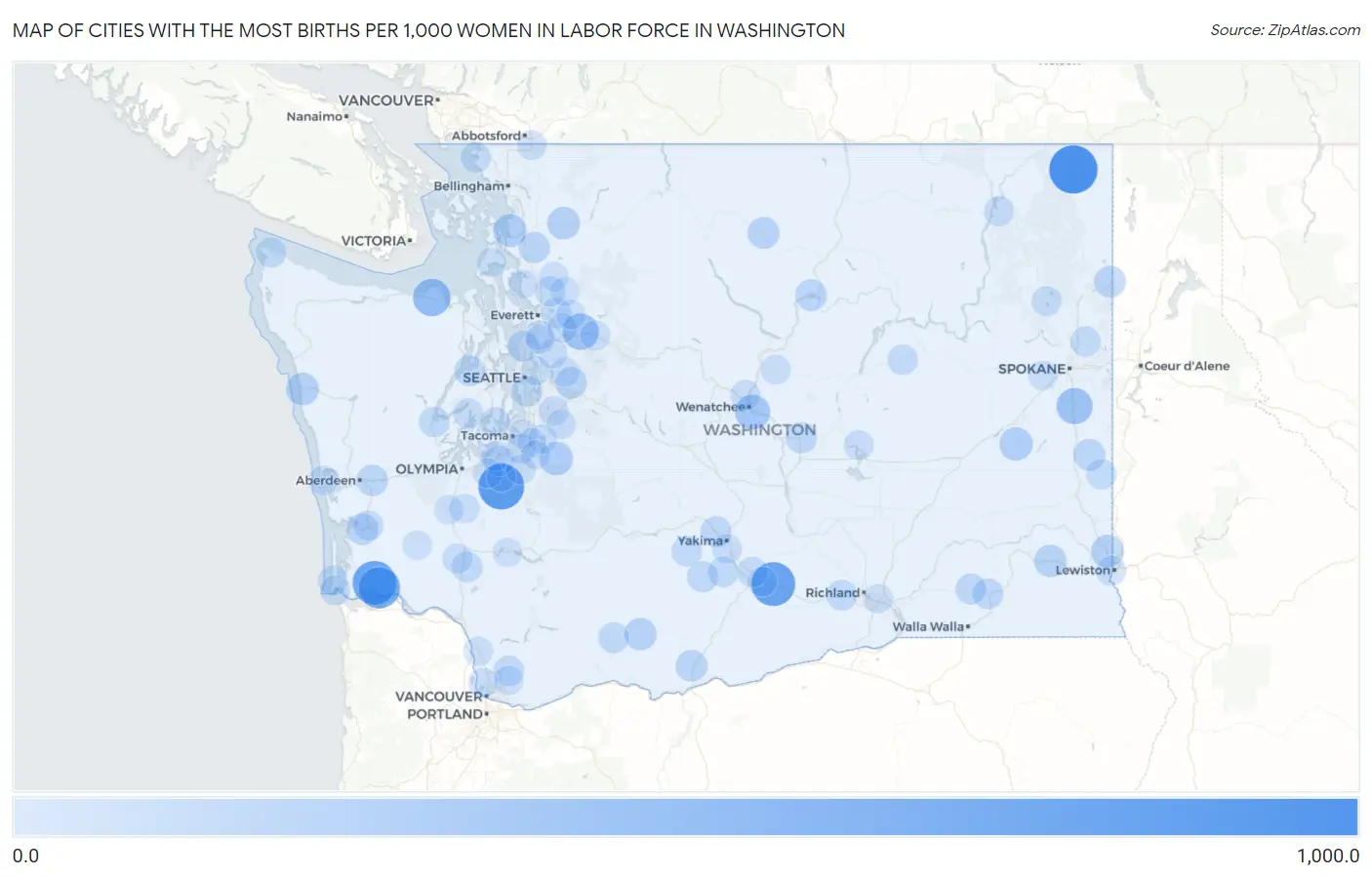 Cities with the Most Births per 1,000 Women in Labor Force in Washington Map