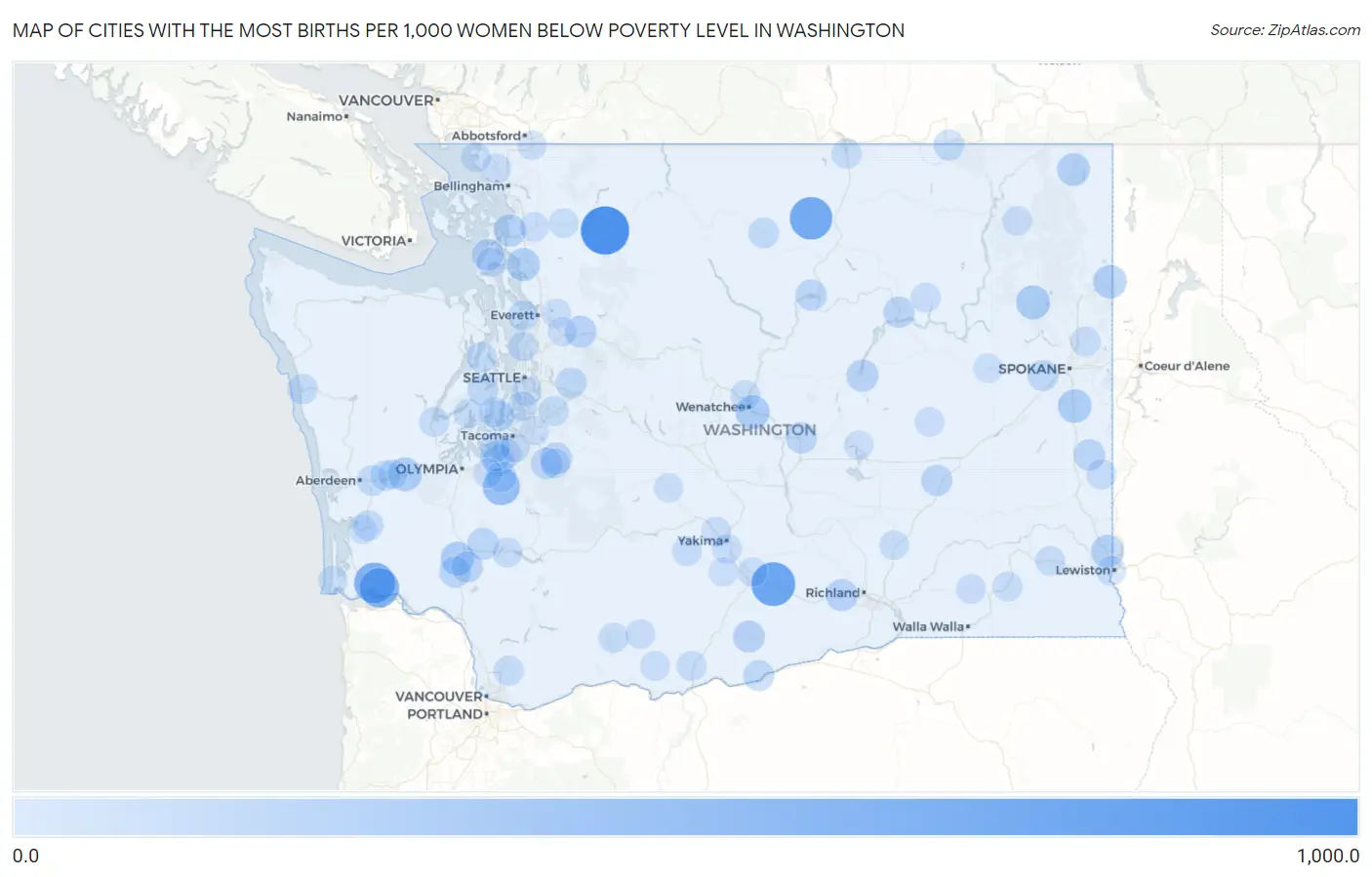 Cities with the Most Births per 1,000 Women Below Poverty Level in Washington Map