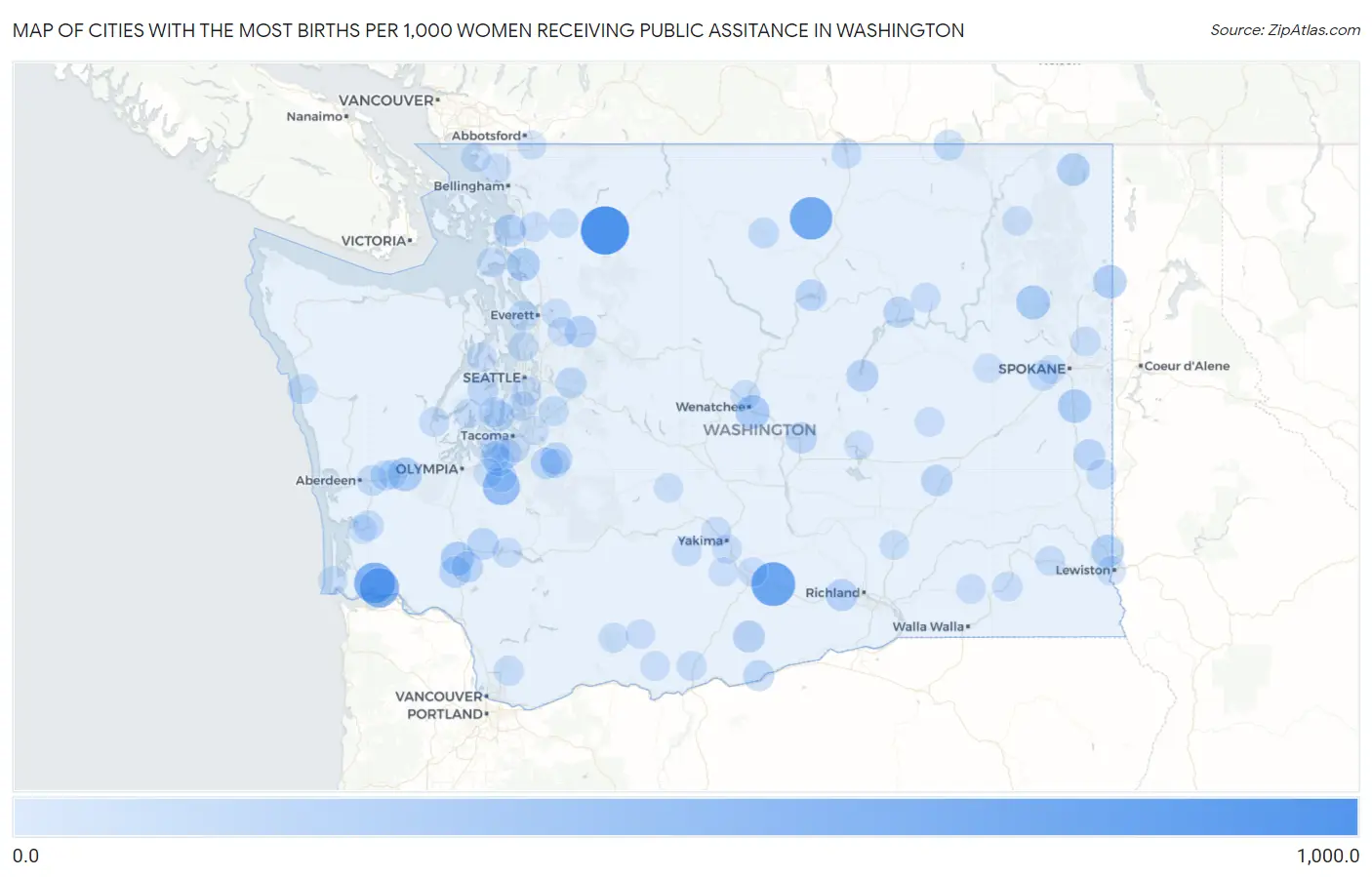 Cities with the Most Births per 1,000 Women Receiving Public Assitance in Washington Map