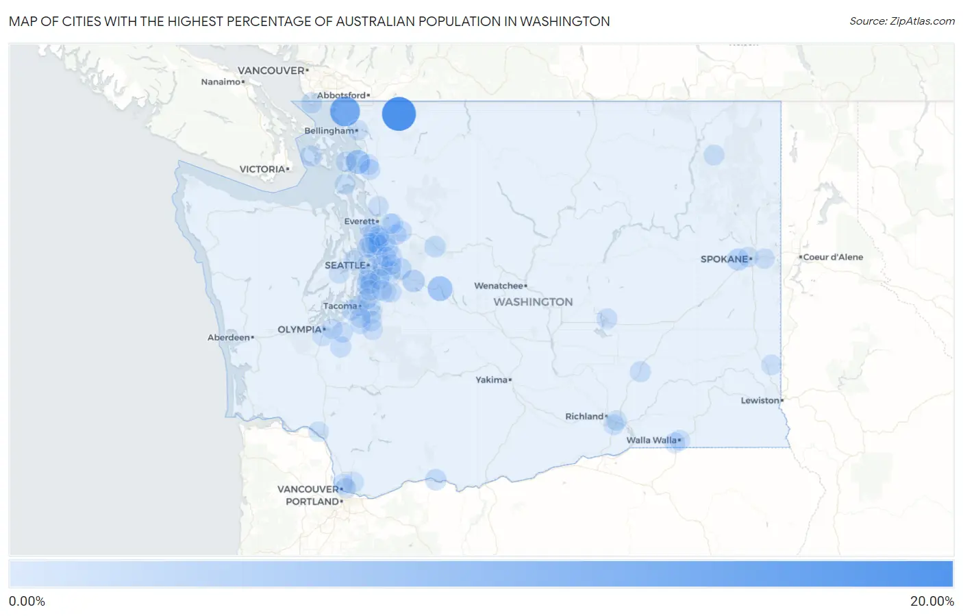 Cities with the Highest Percentage of Australian Population in Washington Map