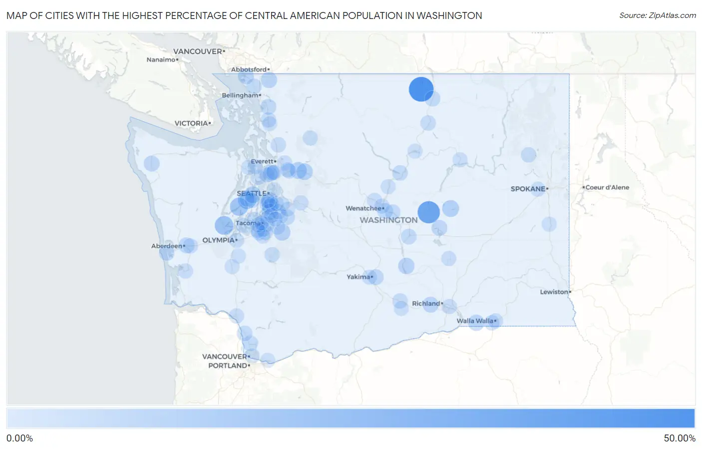 Cities with the Highest Percentage of Central American Population in Washington Map
