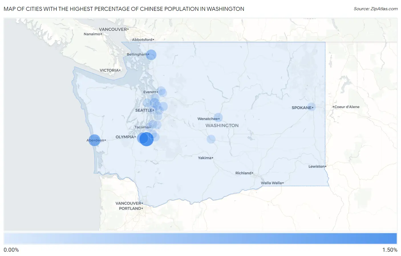 Cities with the Highest Percentage of Chinese Population in Washington Map