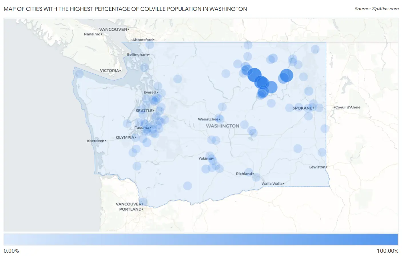 Cities with the Highest Percentage of Colville Population in Washington Map