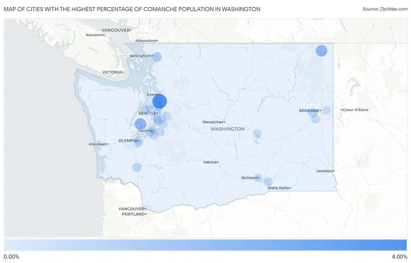 Cities with the Highest Percentage of Comanche Population in Washington Map