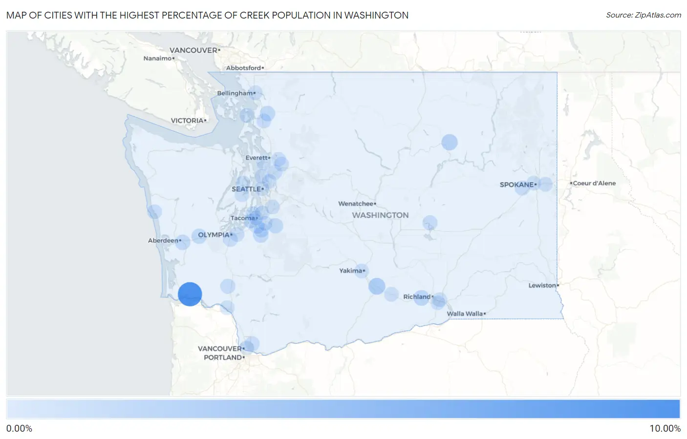 Cities with the Highest Percentage of Creek Population in Washington Map