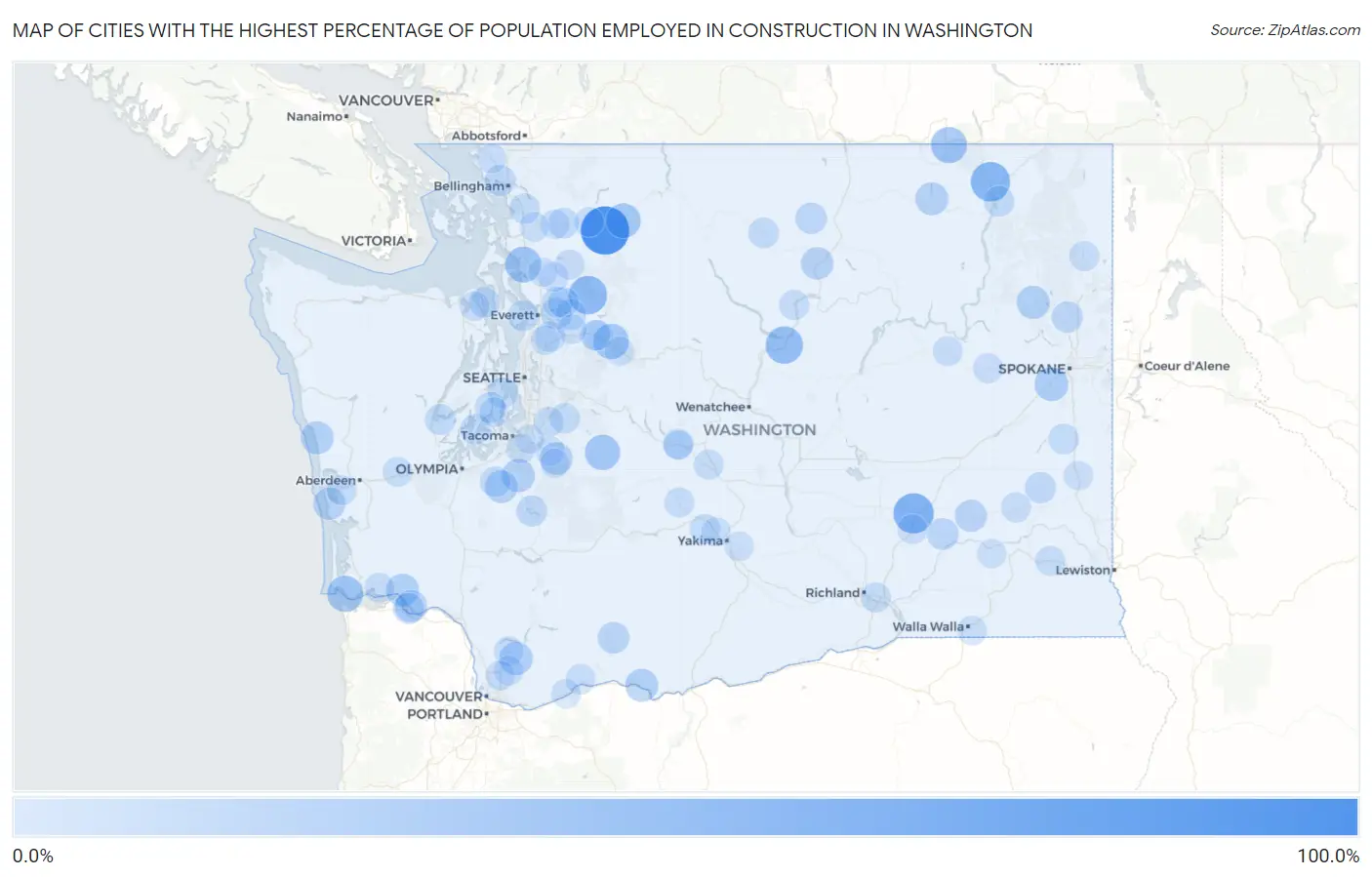 Cities with the Highest Percentage of Population Employed in Construction in Washington Map