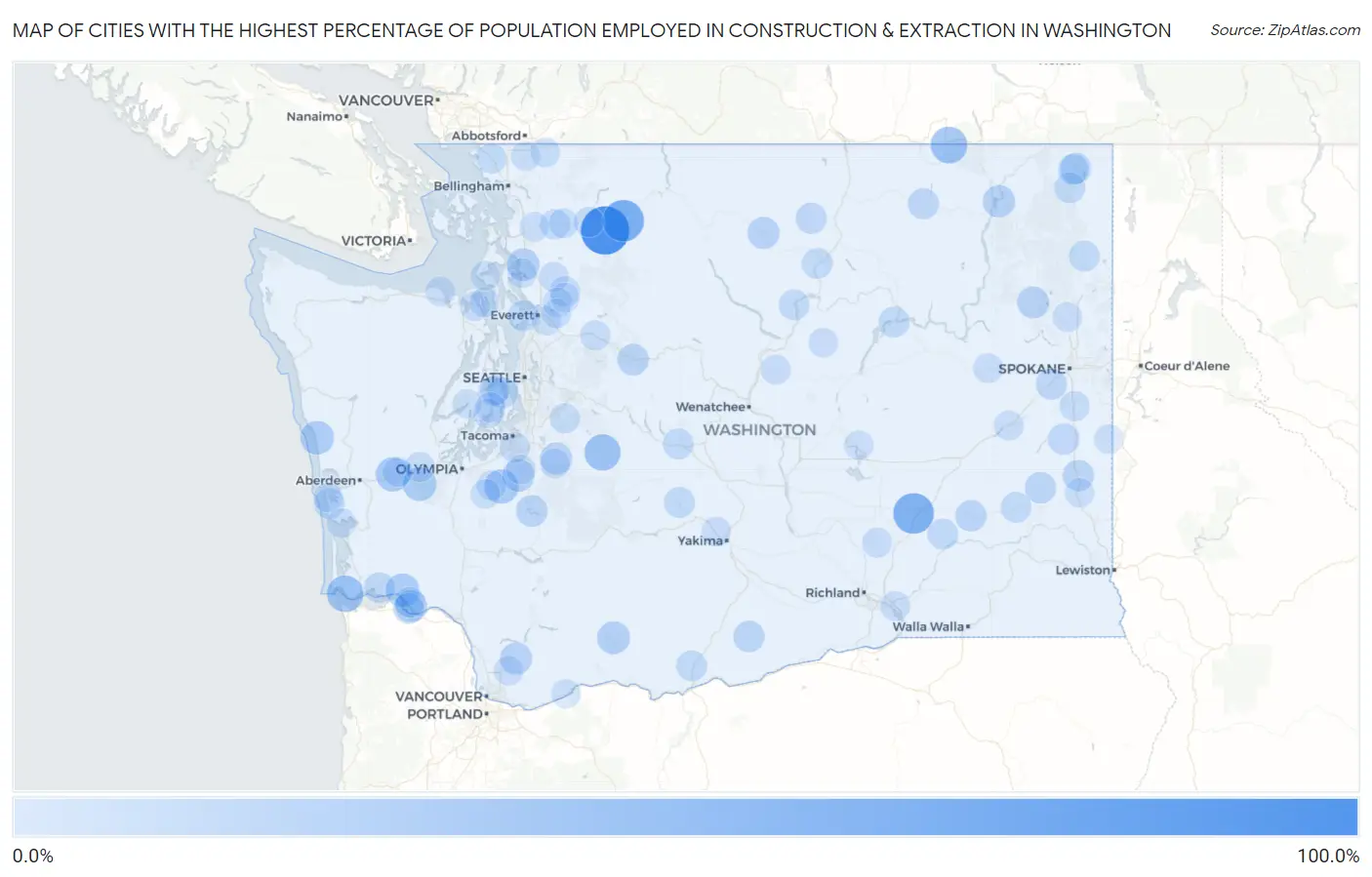 Cities with the Highest Percentage of Population Employed in Construction & Extraction in Washington Map