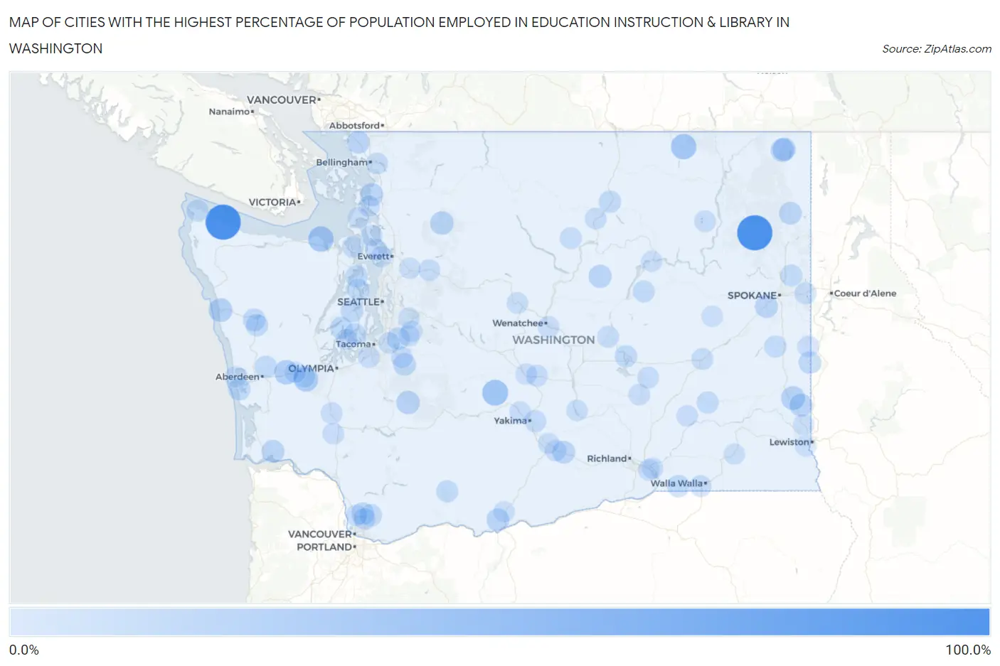 Cities with the Highest Percentage of Population Employed in Education Instruction & Library in Washington Map
