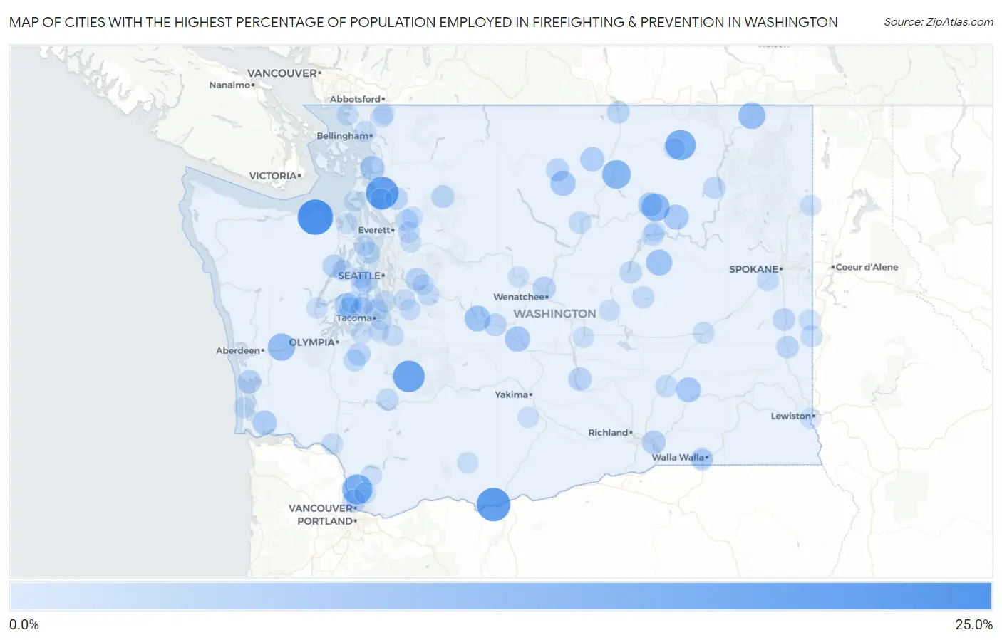 Cities with the Highest Percentage of Population Employed in Firefighting & Prevention in Washington Map