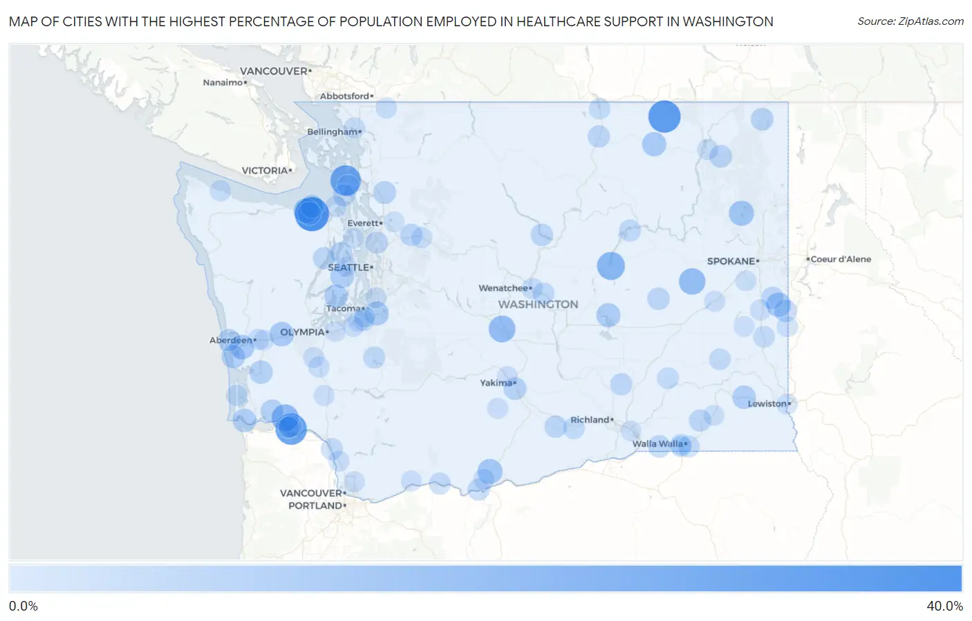 Cities with the Highest Percentage of Population Employed in Healthcare Support in Washington Map
