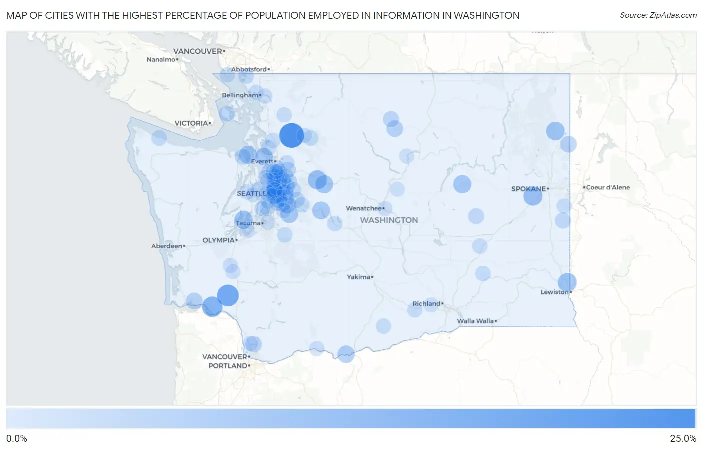 Cities with the Highest Percentage of Population Employed in Information in Washington Map