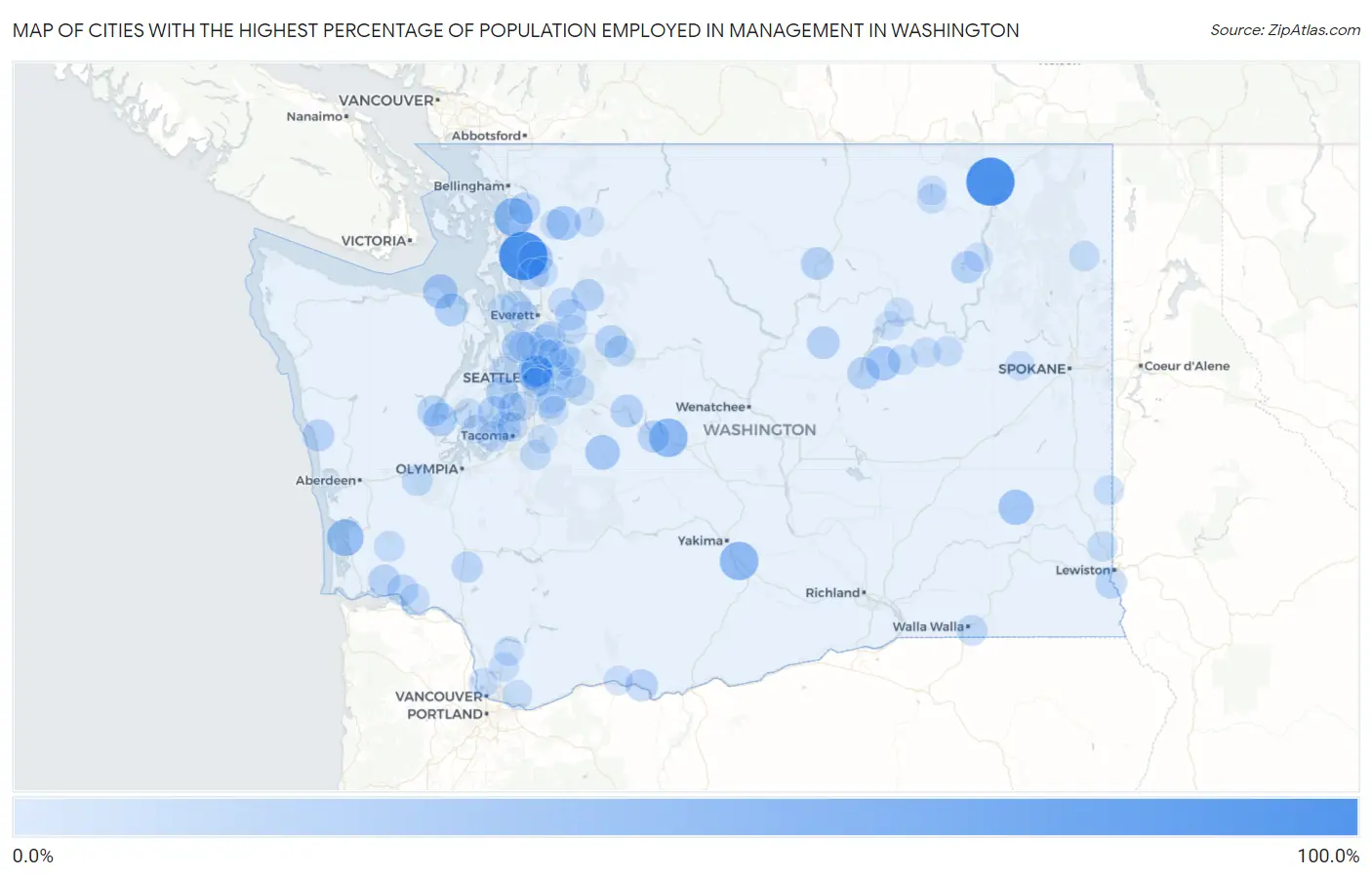 Cities with the Highest Percentage of Population Employed in Management in Washington Map