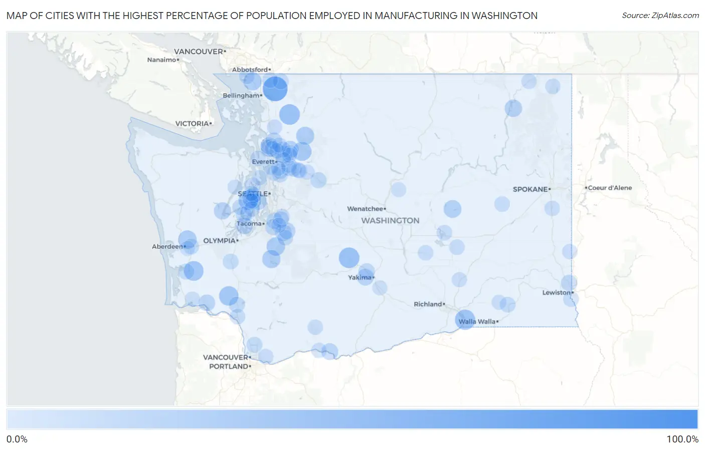 Cities with the Highest Percentage of Population Employed in Manufacturing in Washington Map