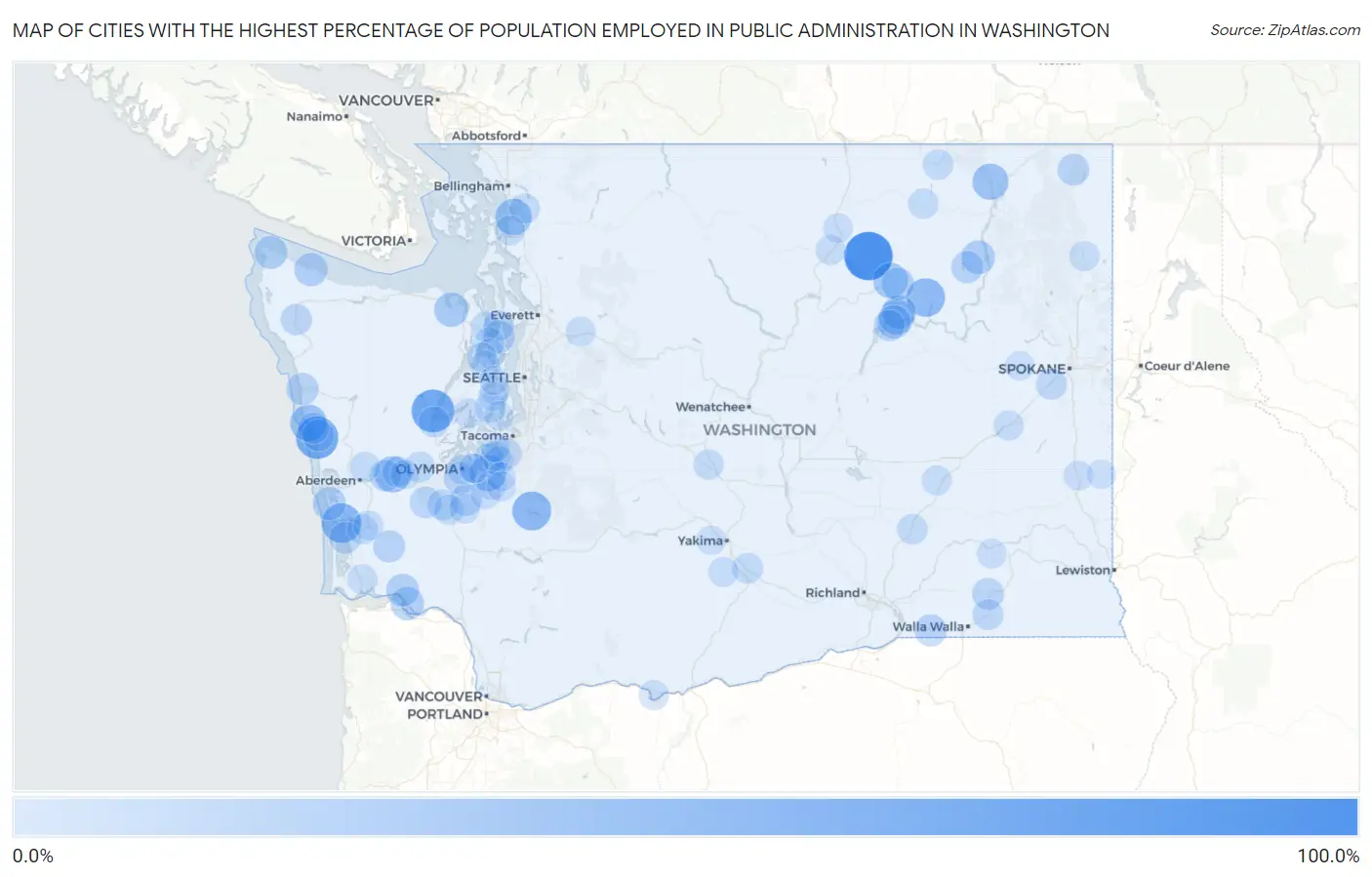 Cities with the Highest Percentage of Population Employed in Public Administration in Washington Map