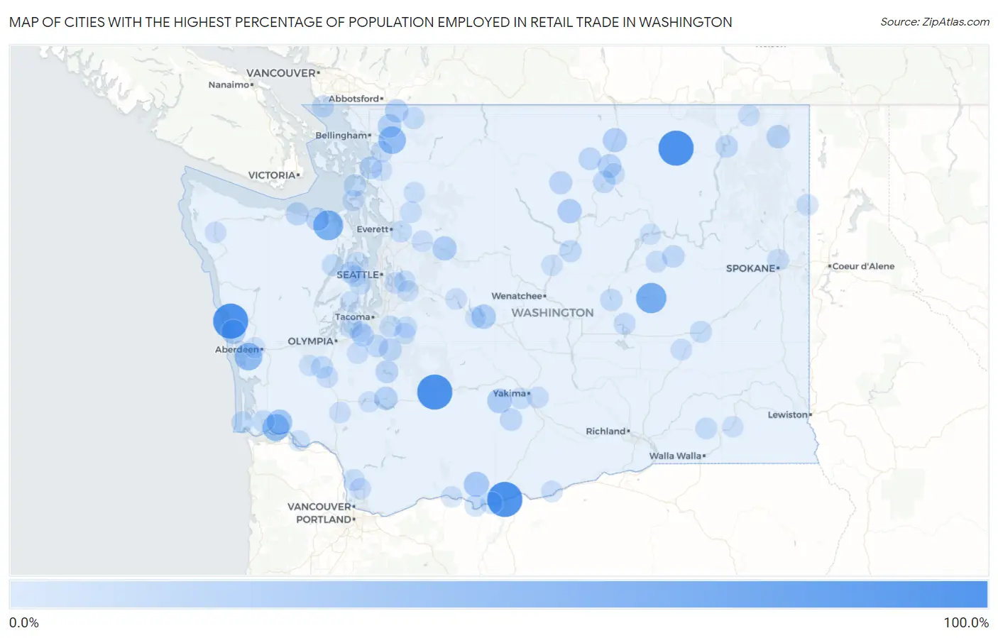 Cities with the Highest Percentage of Population Employed in Retail Trade in Washington Map