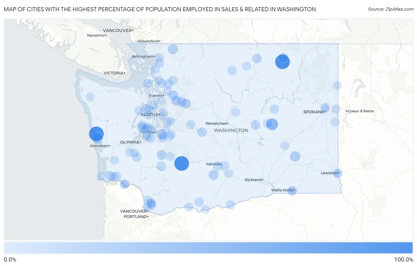 Cities with the Highest Percentage of Population Employed in Sales & Related in Washington Map