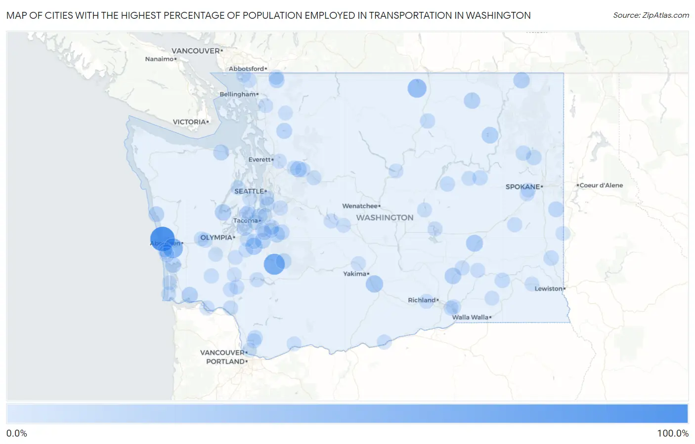 Cities with the Highest Percentage of Population Employed in Transportation in Washington Map