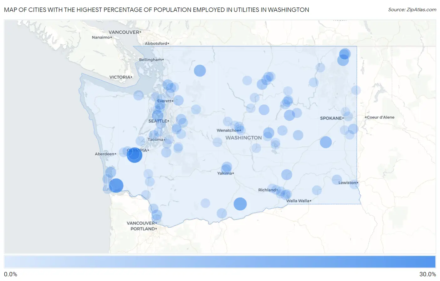 Cities with the Highest Percentage of Population Employed in Utilities in Washington Map