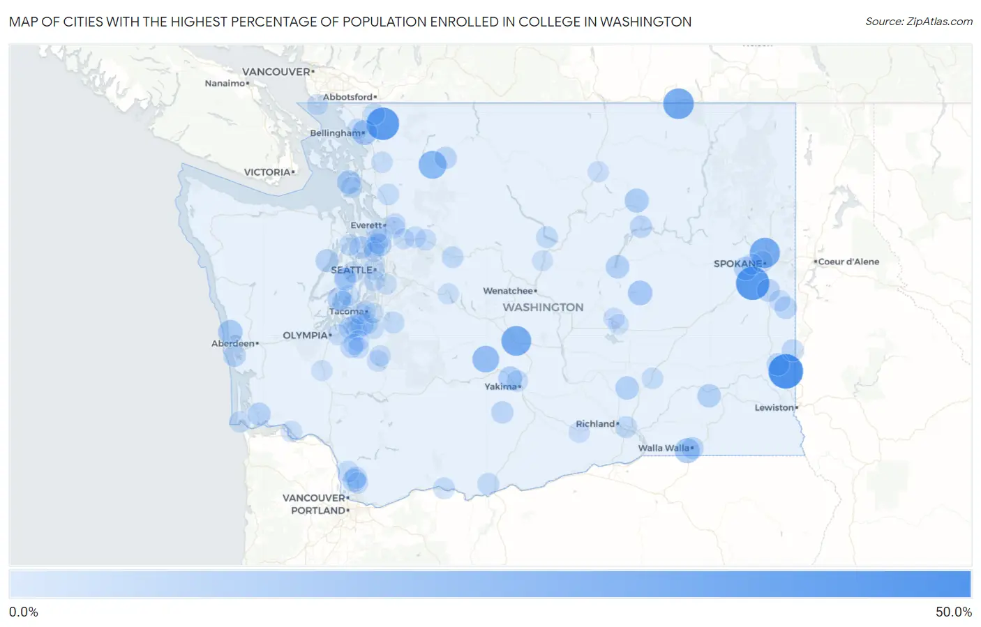 Cities with the Highest Percentage of Population Enrolled in College in Washington Map