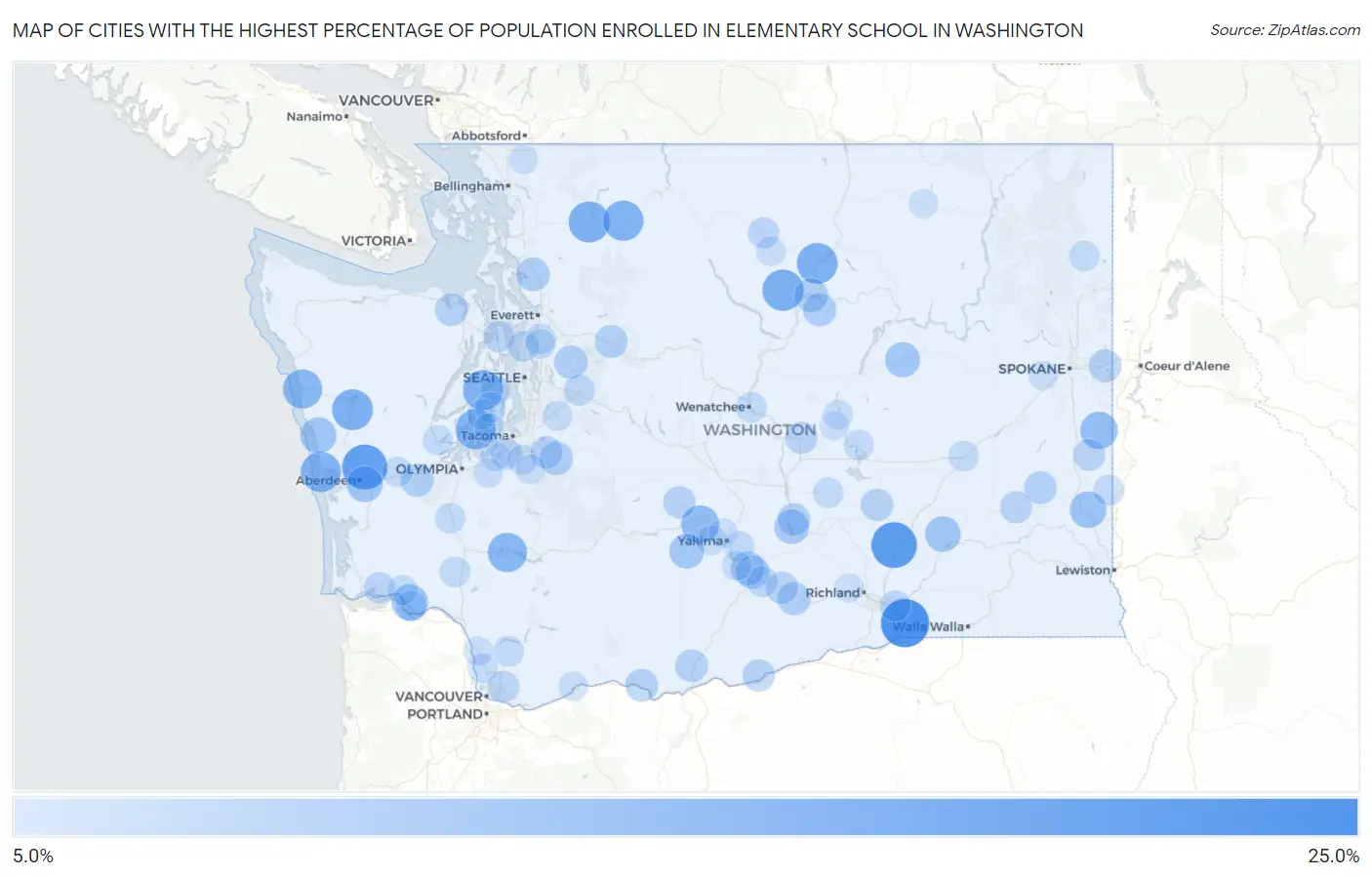 Cities with the Highest Percentage of Population Enrolled in Elementary School in Washington Map