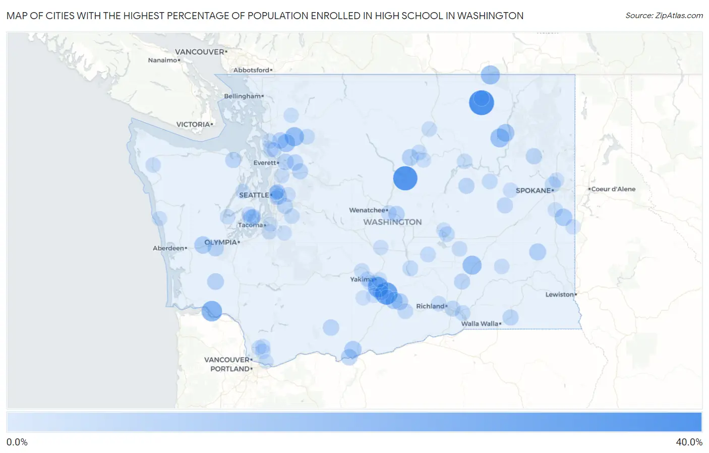 Cities with the Highest Percentage of Population Enrolled in High School in Washington Map