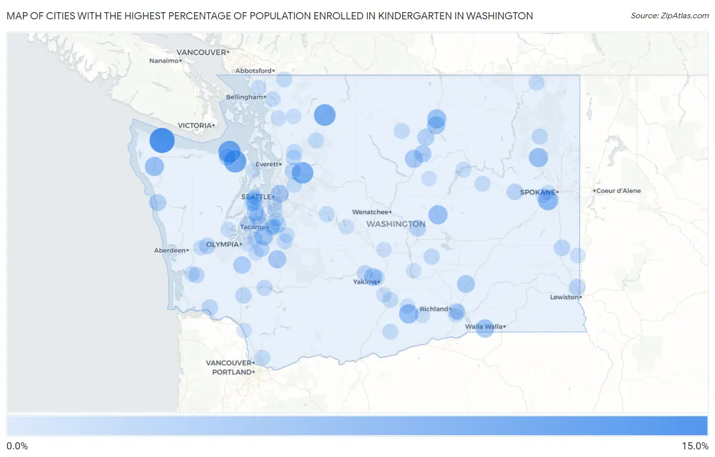 Cities with the Highest Percentage of Population Enrolled in Kindergarten in Washington Map