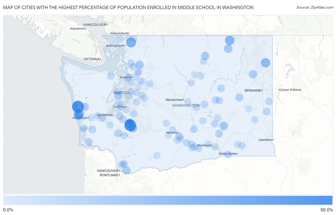 Cities with the Highest Percentage of Population Enrolled in Middle School in Washington Map