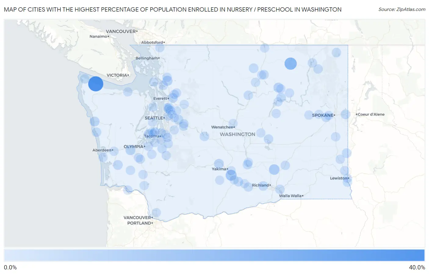 Cities with the Highest Percentage of Population Enrolled in Nursery / Preschool in Washington Map