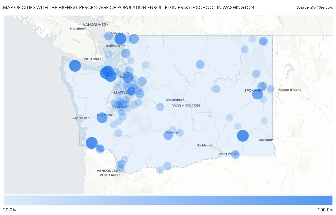 Cities with the Highest Percentage of Population Enrolled in Private School in Washington Map