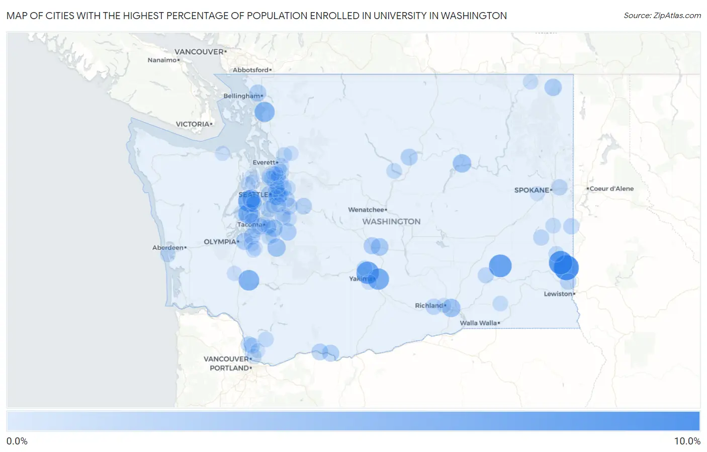 Cities with the Highest Percentage of Population Enrolled in University in Washington Map