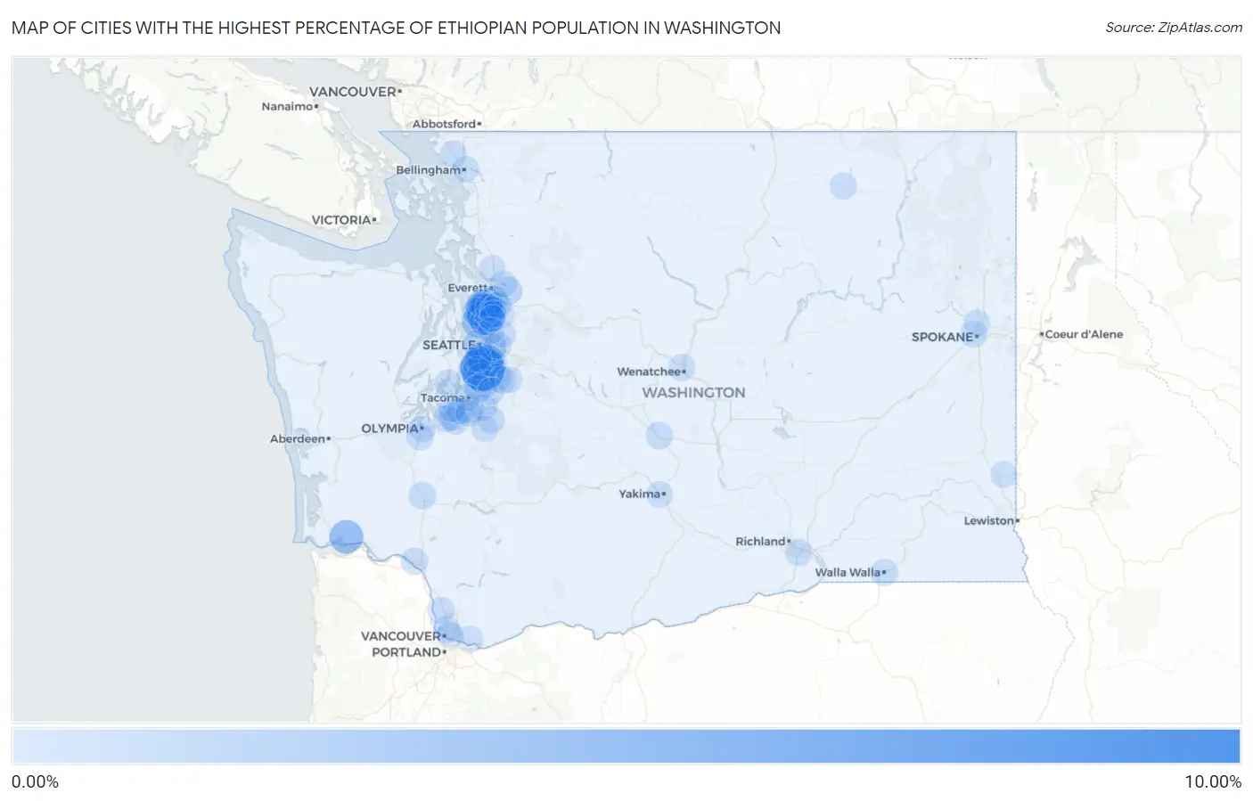 Cities with the Highest Percentage of Ethiopian Population in Washington Map
