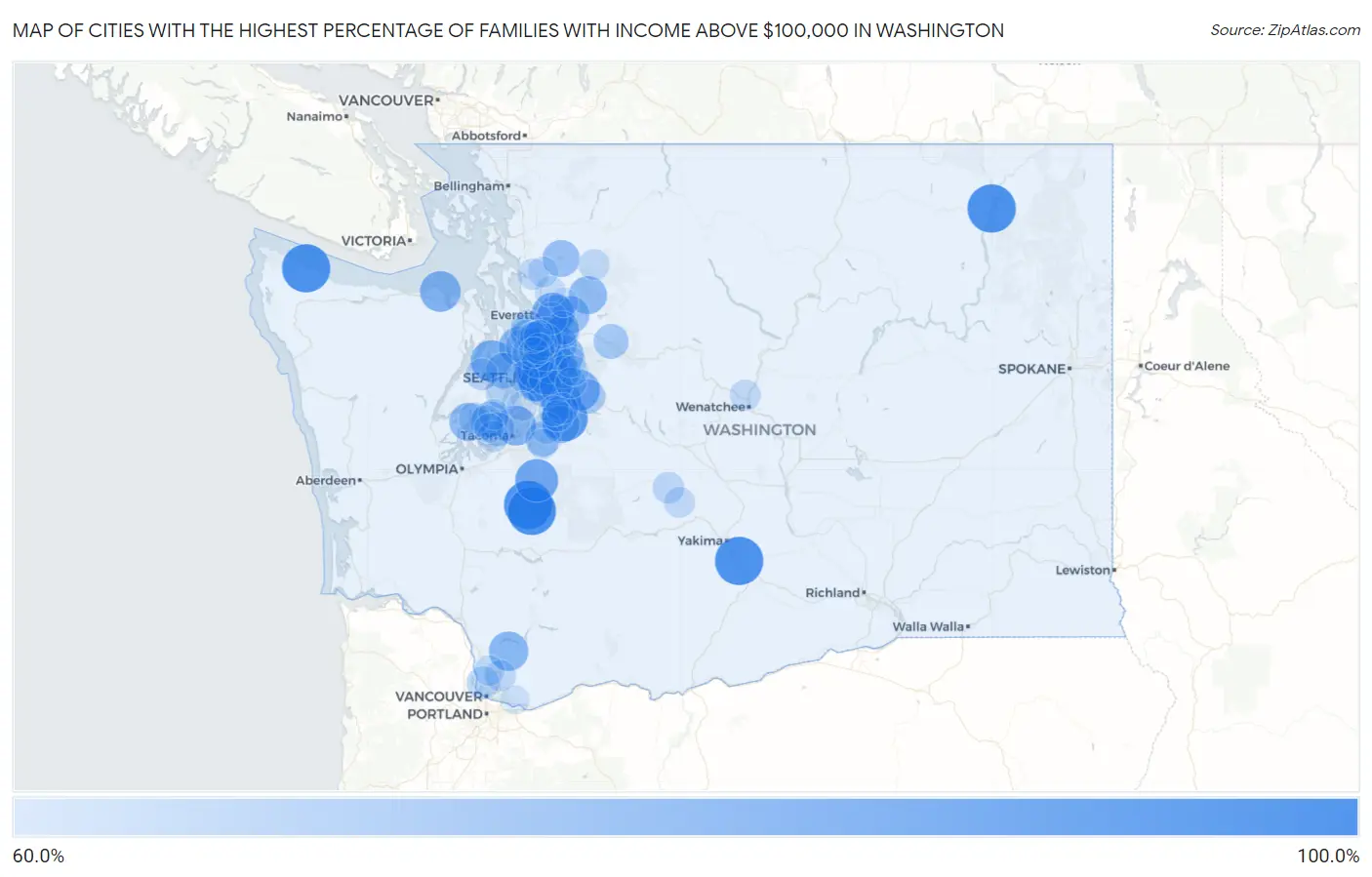 Cities with the Highest Percentage of Families with Income Above $100,000 in Washington Map